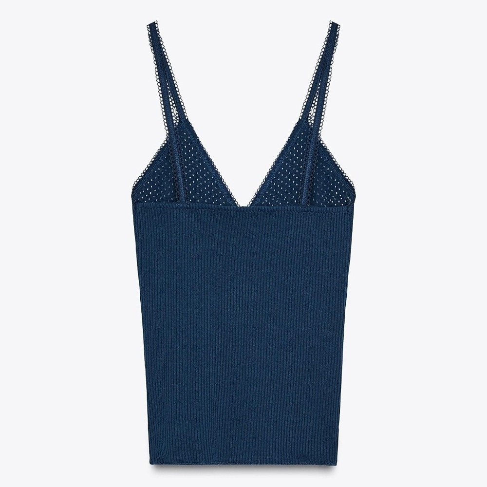 Navy‎ Blue Ribbed Knit Pointelle Lace Trim Camisole V-Neck Tank Top